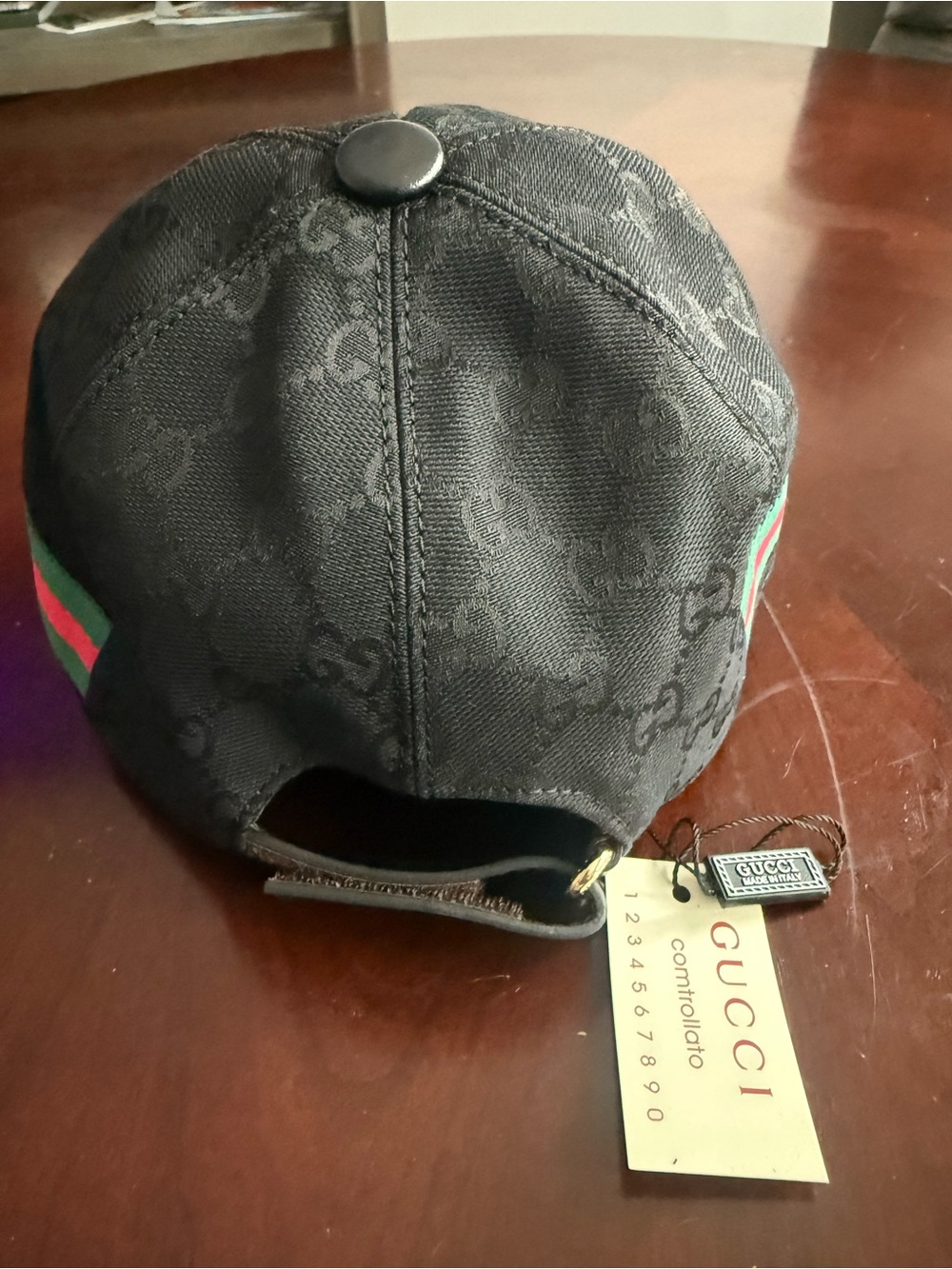 Gucci Black Cap with Gold Logo and Green-Red Web Stripes - Picture 3 of 7